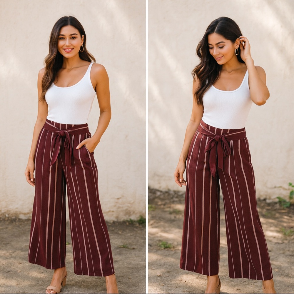 Moon River Burgundy Stripe Tie Waist Wide Leg Pants Small